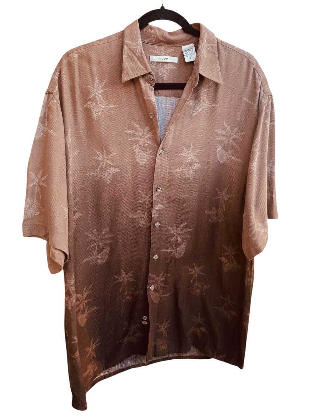 Men’s Tropical Camp Shirt Brown Palm Tree Resort Hawaiian Large